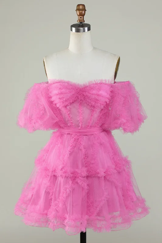 Pencil Dresses for Slimming -Cute A Line Off the Shoulder Pink Tulle Homecoming Dress