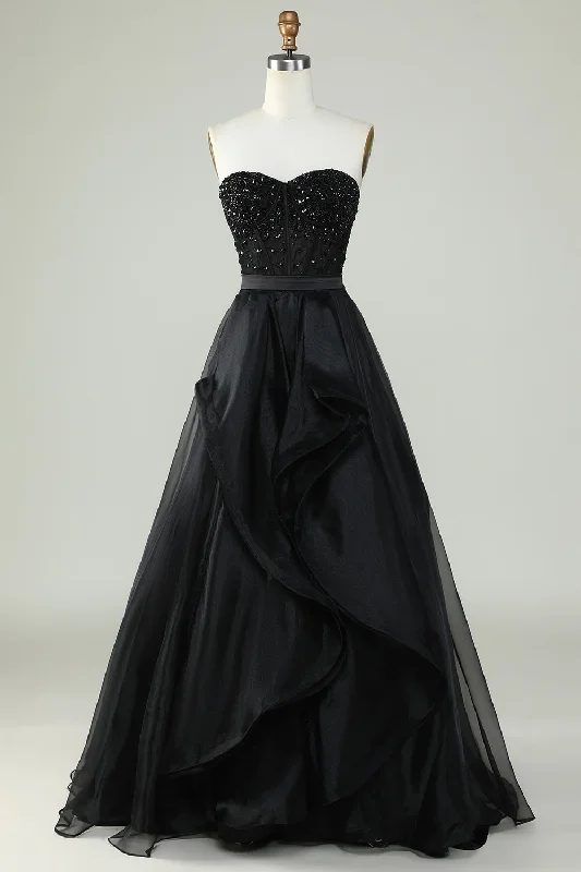 Tiered Dresses for Voluminous -Princess A Line Sweetheart Black Strapless Ball Gown Formal Evening Dress