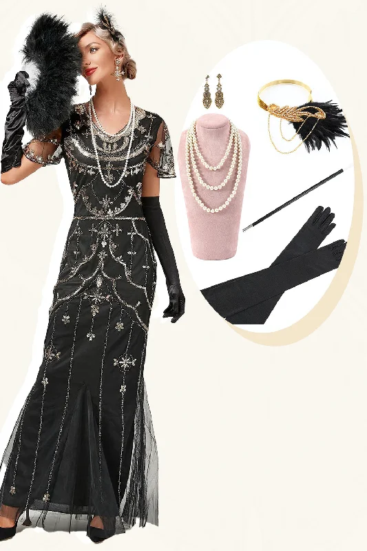 Nylon Dresses for Stretchable -Black Beaded Long Flapper Dress with 1920s Accessories Set