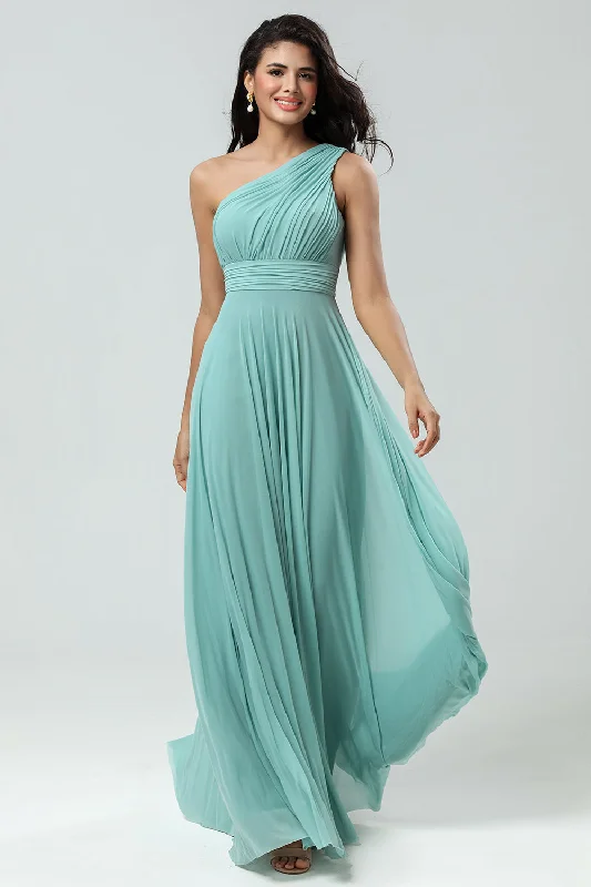 Lace Dresses for Delicate -Stunning A Line One Shoulder Sea Glass Long Bridesmaid Dress with Ruched