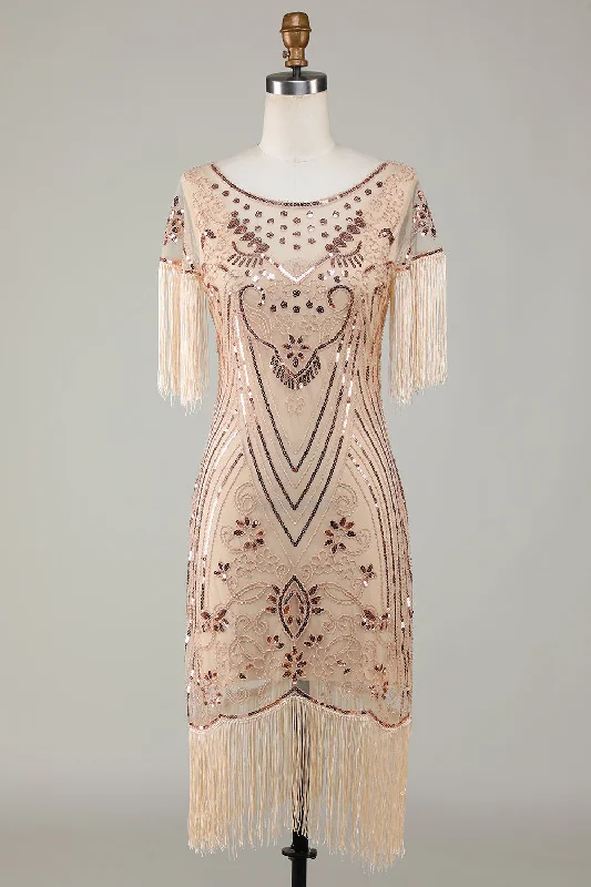 Modern Dresses for Trendy -Boat Neck Sequins Champagne Roaring 20s Gatsby Fringed Flapper Dress