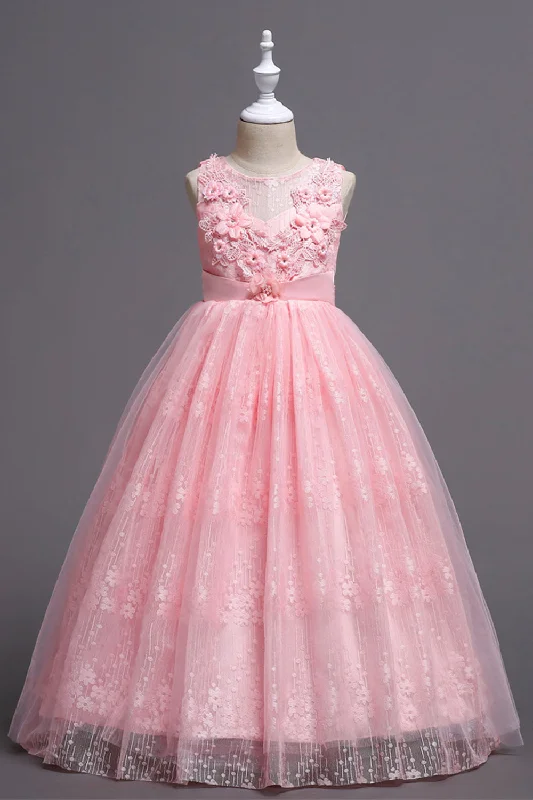 Long-sleeved Dresses for Coverage -Pink Round Neck Girls Dresses With 3D Flowers