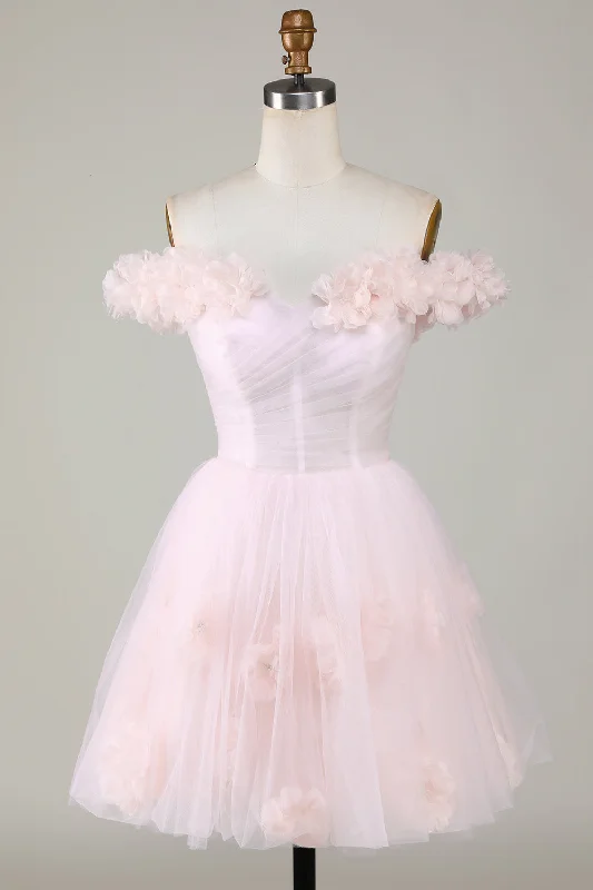 Maximalist Dresses for Bling -Cute A Line Off the Shoulder Pink Short Homecoming Dress with Flowers