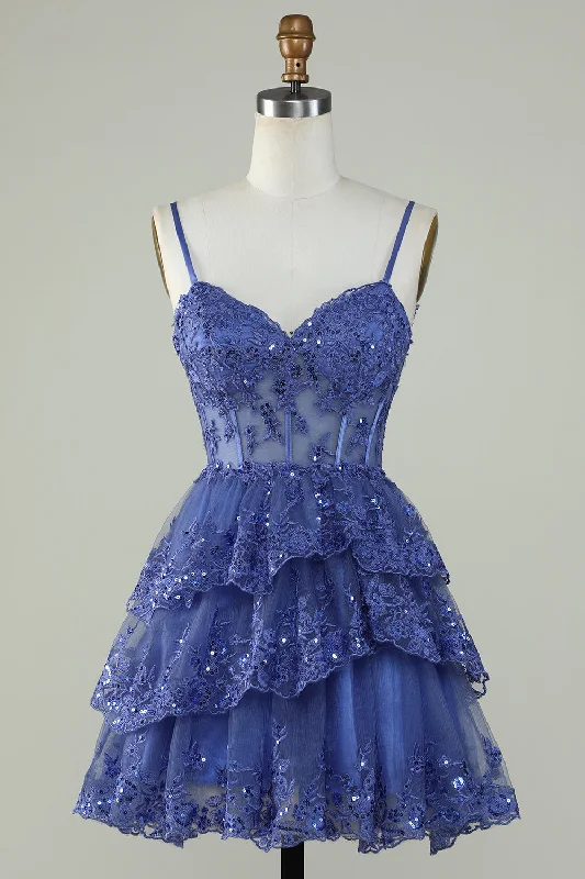 Short-sleeved Dresses for Summer -Cute A Line Spaghetti Straps Dark Blue Sparkly Corset Homecoming Dress