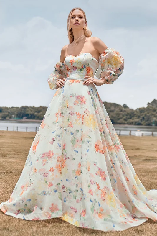 Low-waisted Dresses for Relaxed -Charming A Line Sweetheart Ivory Floral Sweep Train Bridal Dress with Sleeves