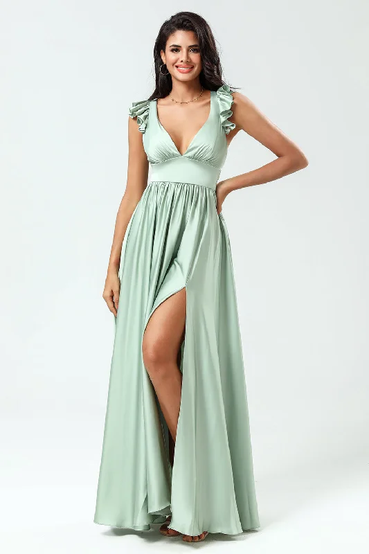 Rhinestone Dresses for Bling -Deep V-Neck A Line Green Long Bridesmaid Dress with Ruffles