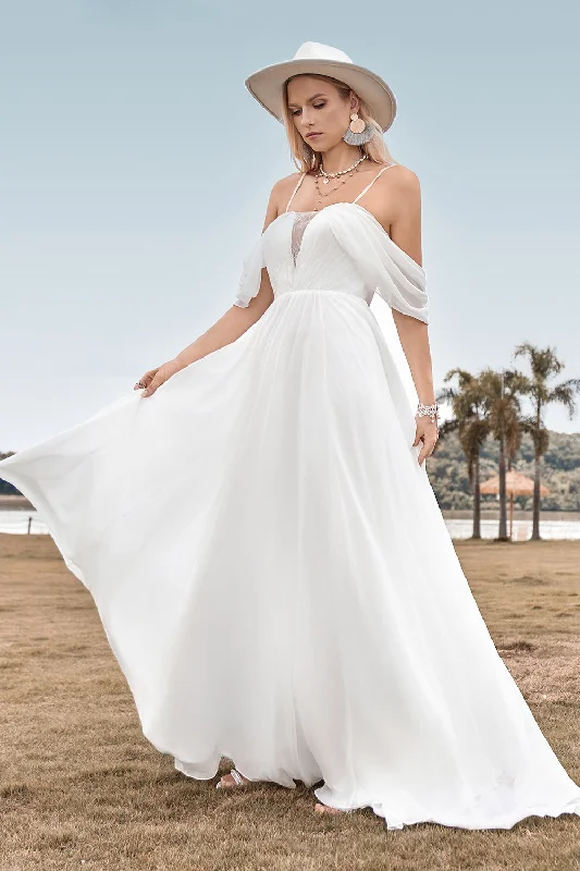 African Dresses with Culture -Off The Shoulder Ivory Boho Chiffon Ruched A Line Wedding Dress