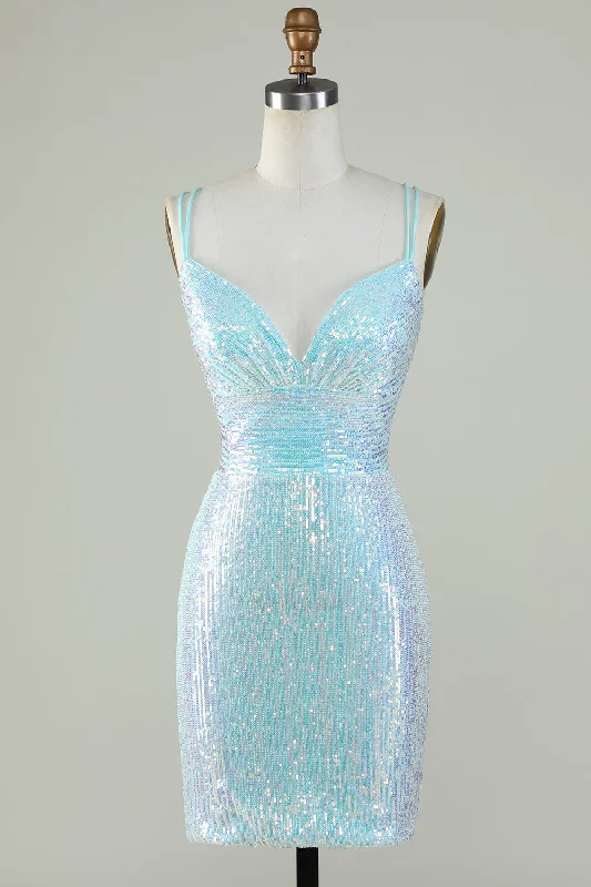 Wool Dresses for Warmth -Bling Sheath Spaghetti Straps Light Blue Sequins Short Homecoming Dress with Criss Cross Back