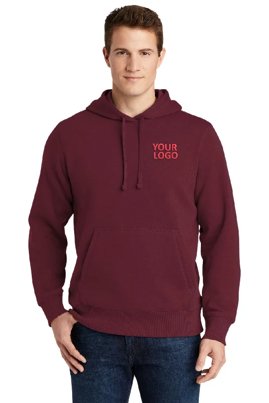 Vintage Washed Denim Hoodie with Distressed Details Retro Inspired Look -Sport-Tek Pullover Customized Hooded Sweatshirts, Maroon