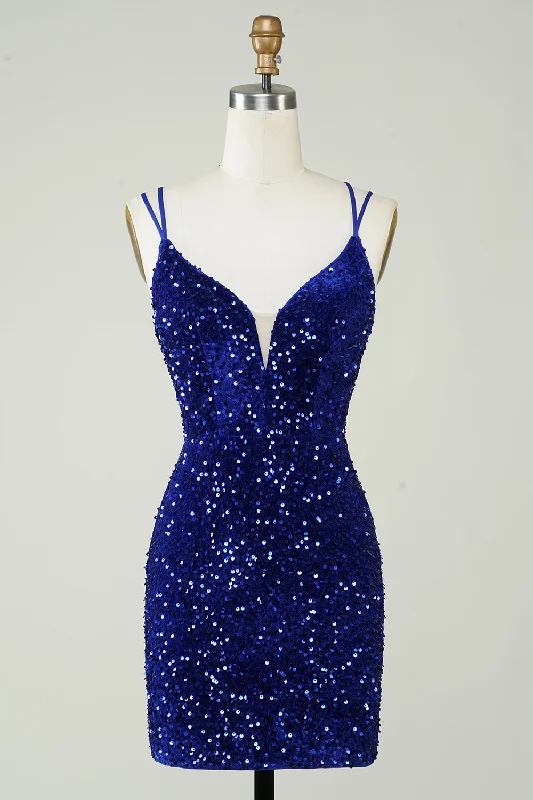 High-waisted Dresses for Flatter -Sheath Royal Blue Sequins Short Homecoming Dress with Criss Cross Back