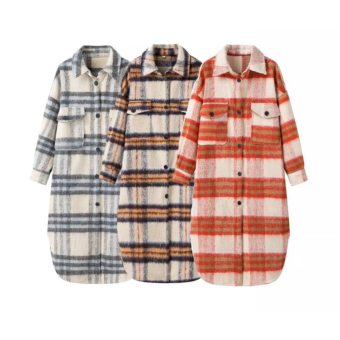 Ruffled Dresses for Girly -Plaid Long-Sleeve Pockets Shirt Dress