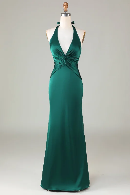 A-line Dresses for Flattering -Mermaid Halter Dark Green Bridesmaid Dress