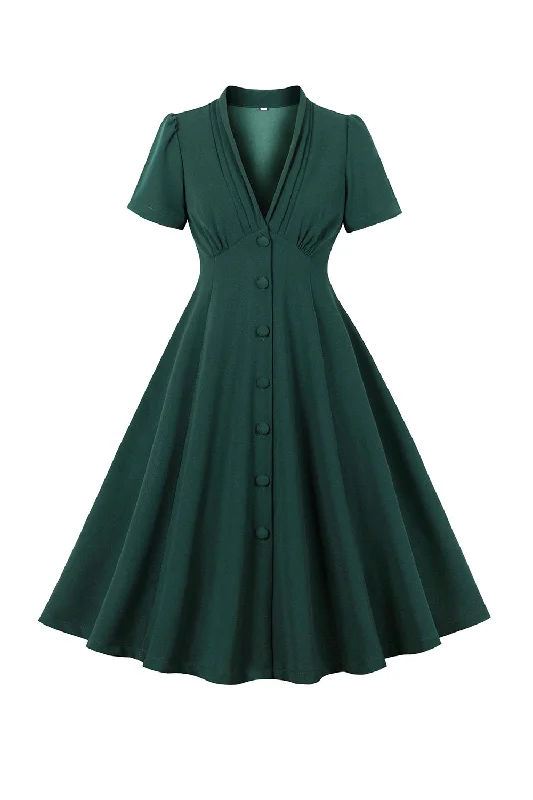 Shift Dresses for Simple Look -Green Deep V Neck 1950s Dress With Short Sleeves