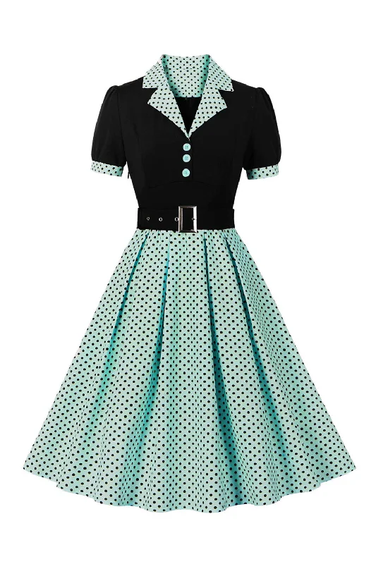 Halter Dresses for Chic Style -Green Short Sleeves Polka Dots 1950s Dress With Belt