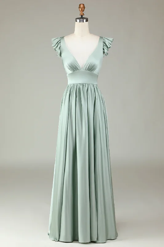 Ball Gown Dresses for Glamour -Deep V-Neck Matcha Long Bridesmaid Dress with Ruffles