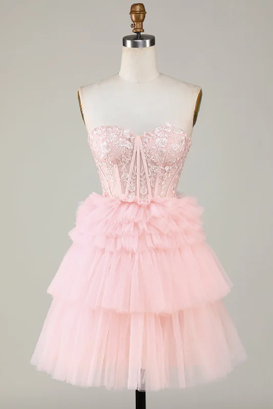 Lace Dresses for Delicate -Trendy A-Line Sweetheart Pink Short Homecoming Dress with Ruffles