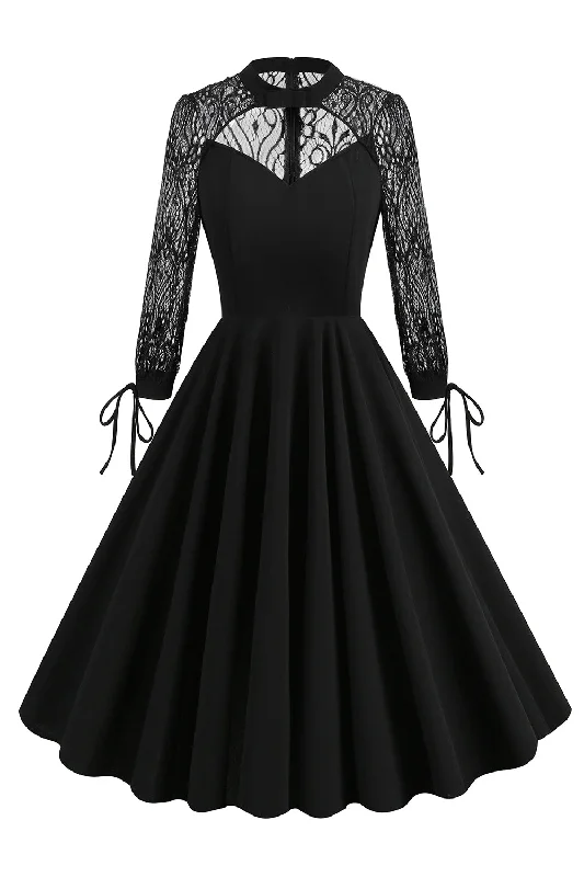 Printed Dresses with Patterns -Black A line Long Sleeves 1950s Dress with Lace