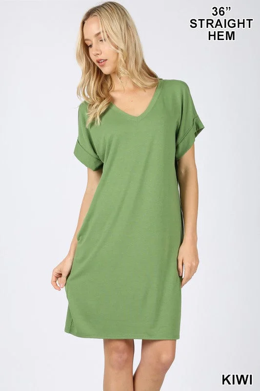 Party Dresses for Celebration -Rolled Sleeve V-Neck Dress (Kiwi)