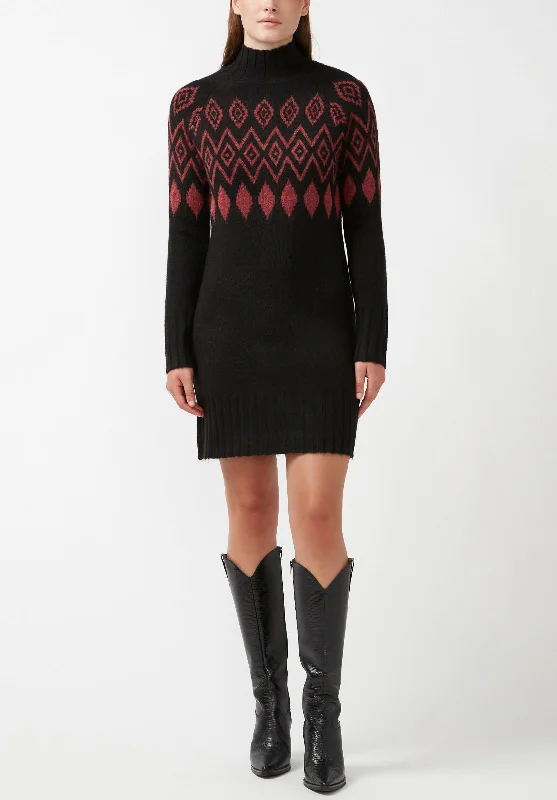 Punk Dresses with Spikes -Massima Women's Long Sleeve Mock Neck Sweater Dress in Black - SD0001H