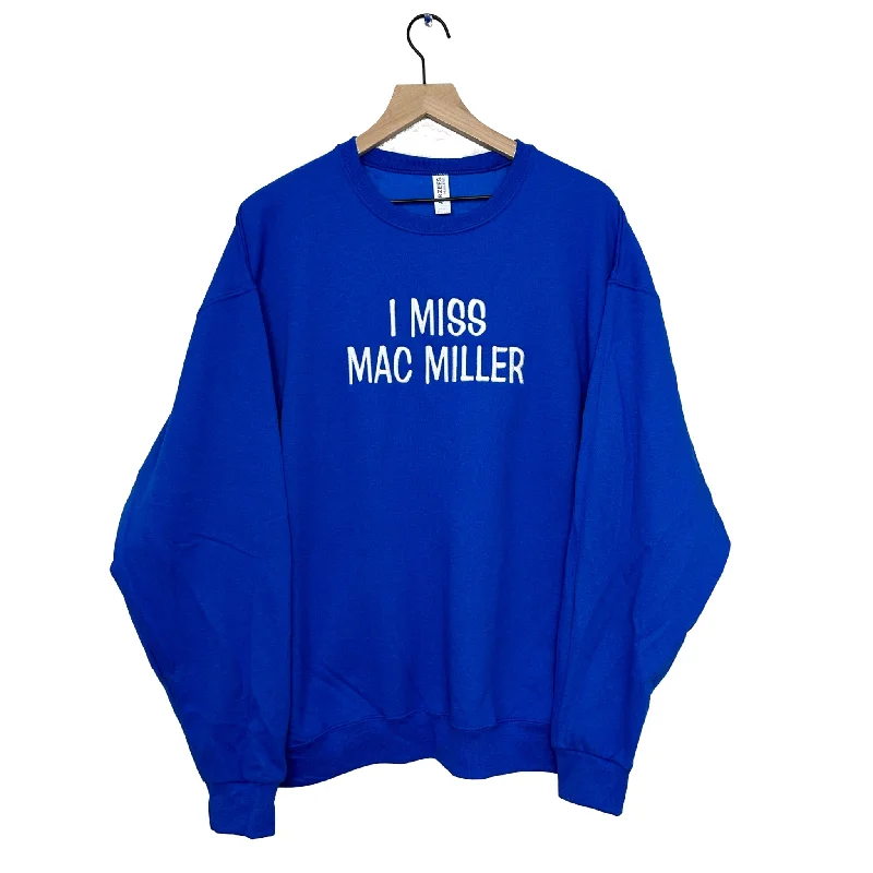 Denim Hoodie with Embroidered Flowers Cottagecore Aesthetic -I Miss Mac Miller Crew Neck Royal Blue Sweatshirt Unisex Custom Embroidered