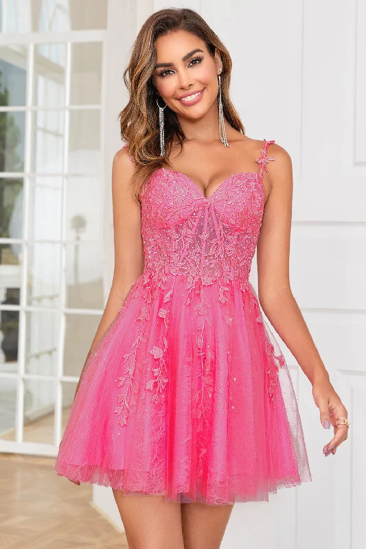 Pink Dresses for Feminine -Stylish A Line Spaghetti Straps Pink Short Homecoming Dress with Appliques