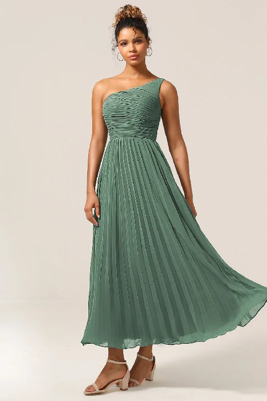 Buttoned Dresses for Stylish -A Line One Shoulder Eucalyptus Long Bridesmaid Dress with Ruched