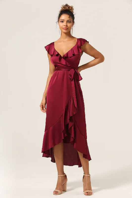 Beaded Dresses for Glamour -A Line V-Neck Burgundy Bridesmaid Dress with Ruffles