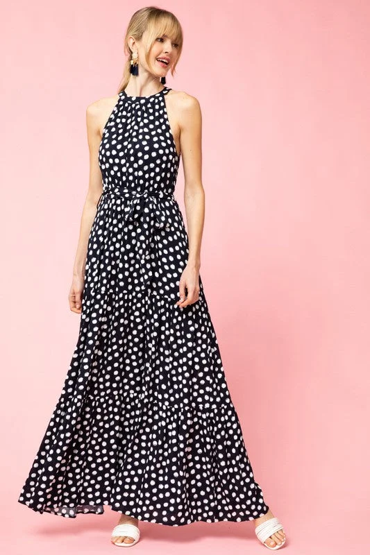 Pink Dresses for Feminine -Polka Dot Tiered Maxi Dress