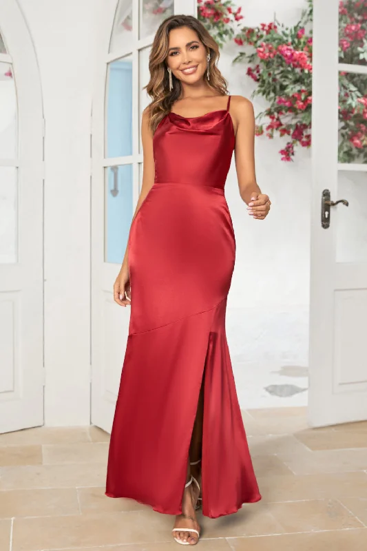 Wedding Dresses for Bridal Look -Mermaid Spaghetti Straps Burgundy Long Bridesmaid Dress with Split Front