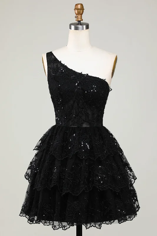 Wool Dresses for Warmth -Gorgeous Black One Shoulder Homecoming Dress With Appliques