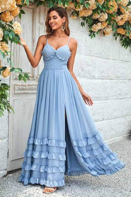 Ethnic Dresses with Tribal Design -Charming A Line Spaghetti Straps Dusty Blue Long Bridesmaid Dress with Criss Cross Back