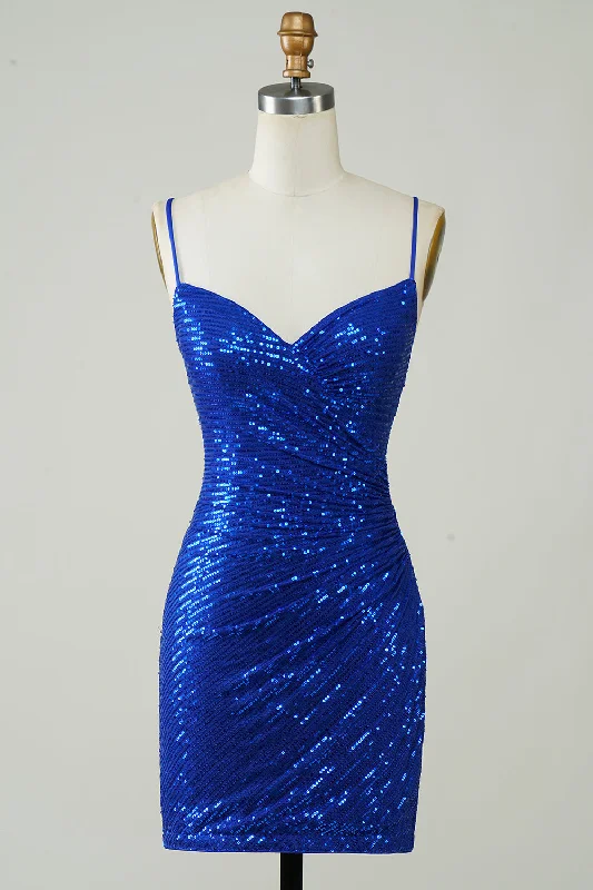 Prom Dresses for School Dance -Sparkly Bodycon Spaghetti Straps Royal Blue Sequins Short Homecoming Dress