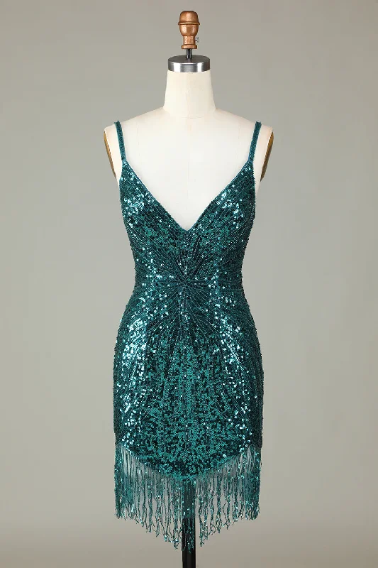 Mini Dresses for Youthful Look -Sparkly Bodycon Spaghetti Straps Green Lace-Up Back Short Homecoming Dress with Beading