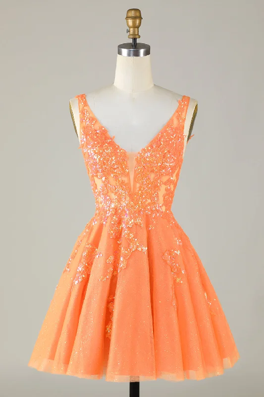 Solid Color Dresses for Simple -Sparkly Orange A Line Glitter Homecoming Dress with Sequins