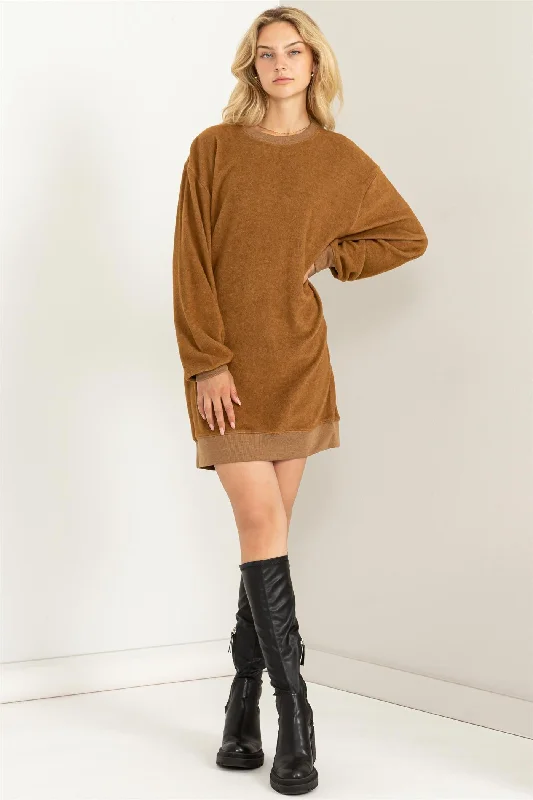 Water-Resistant Hoodie with Adjustable Drawstrings Hiking Rain Protection -Brown Fleece Oversized Sweatshirt Mini Dress