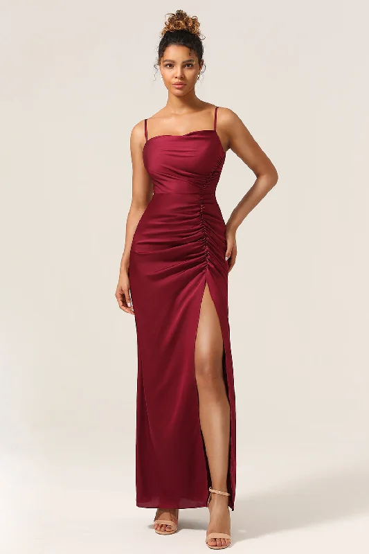 Studded Dresses for Statement -Simple Mermaid Spaghetti Straps Burgundy Long Bridesmaid Dress with Split Front