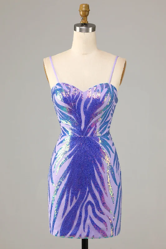 Sundress Dresses for Sunny -Purple Spaghetti Straps Sequin Bodycon Homecoming Dress