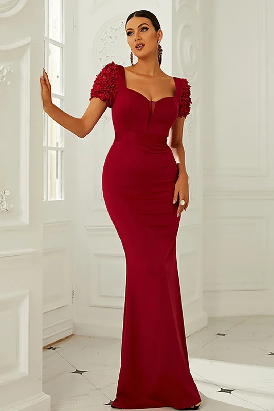 Khaki Dresses for Casual -Burgundy Short Sleeves Mermaid Long Prom Dress