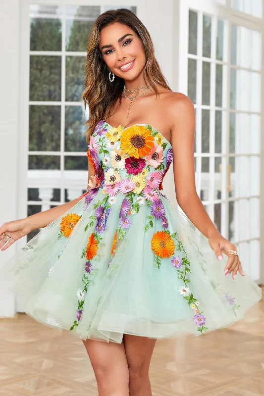 Purple Dresses for Royalty -Gorgeous A Line Light Green Strapless Homecoming Dress with 3D Flowers