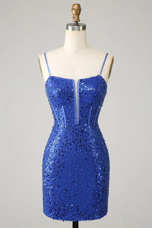 Graduation Dresses for Milestone -Royal Blue Bodycon Sparkly Spaghetti Straps Homecoming Dress