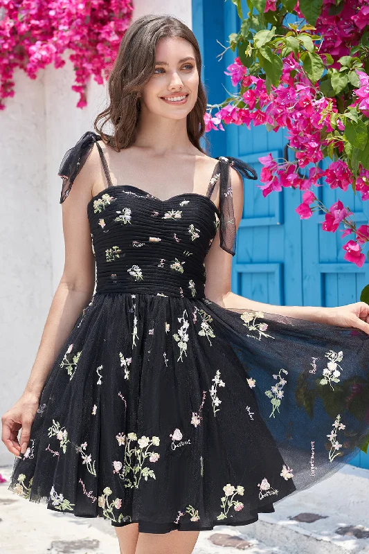 Leather Dresses for Luxury -Cute A Line Black Short Homecoming Dress With Embroidery