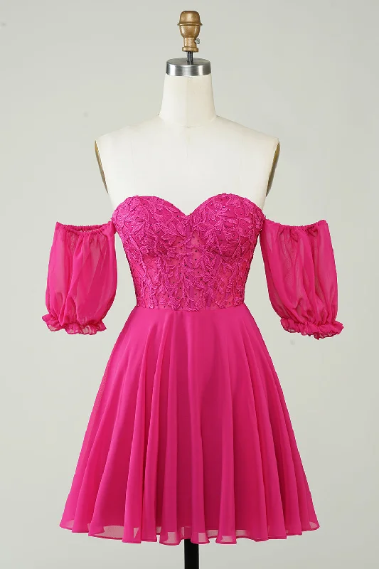 Valentine's Day Dresses for Romance -Fuchsia Corset A-Line Chiffon Short Homecoming Dress with Lace