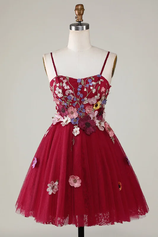 Sequined Dresses for Sparkle -Gorgeous A Line Spaghetti Straps Burgundy Short Homecoming Dress with 3D Flowers