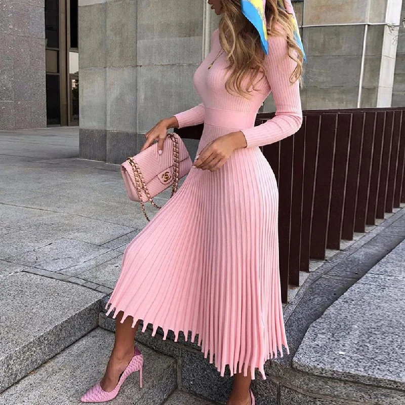 Geometric Dresses for Modern -O Neck Pink Pleated Knitted Long Sleeve Ribbed A-Line Midi Dress