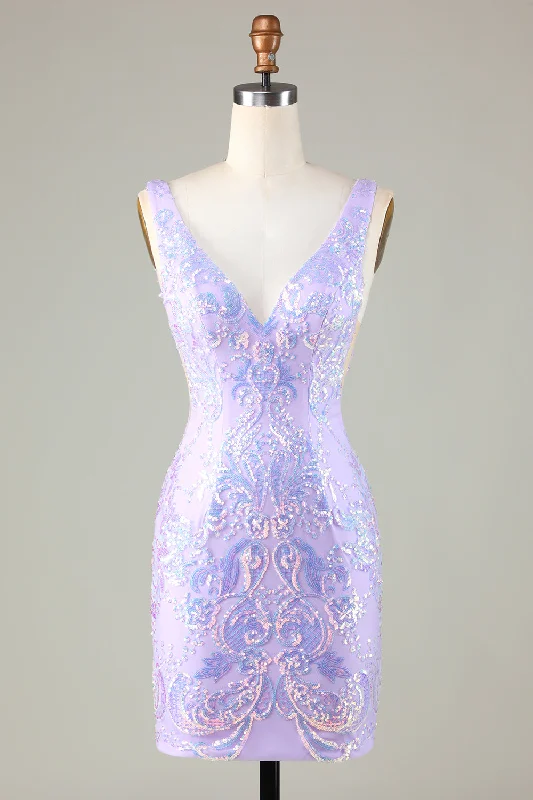 Low-waisted Dresses for Relaxed -Lavender Sparkly Tight Homecoming Dress with Backless