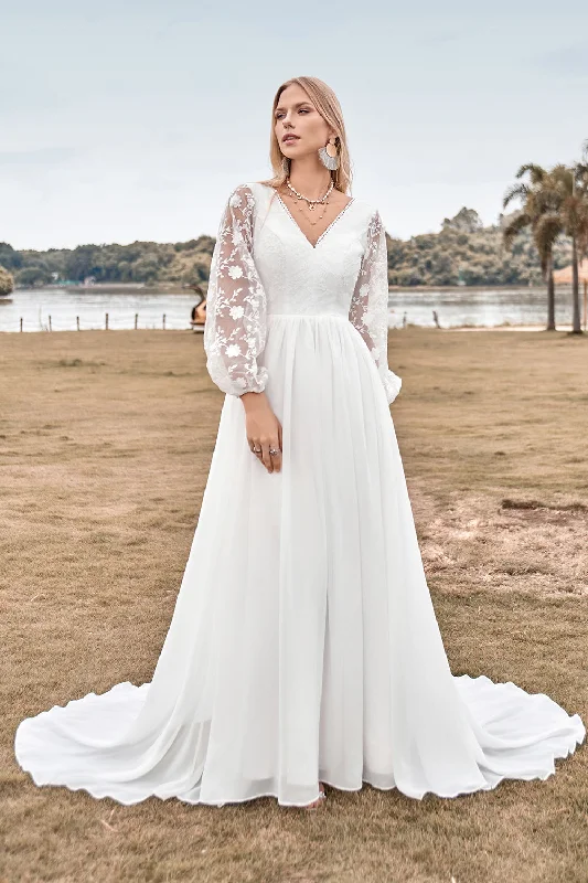 Tiered Dresses for Voluminous -A Line V Neck Ivory Chiffon Sweep Train Boho Wedding Dress with Lace