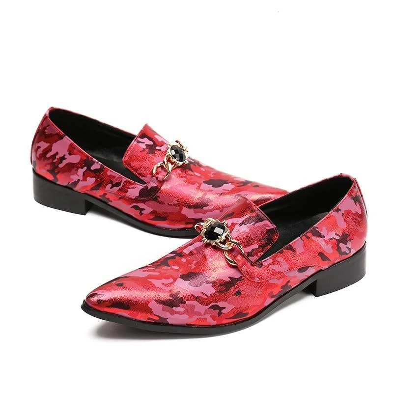 Fringed Dresses for Edgy -Men's Leather Crystal Camo Printed Slip On Pointed Toe Dress Shoes