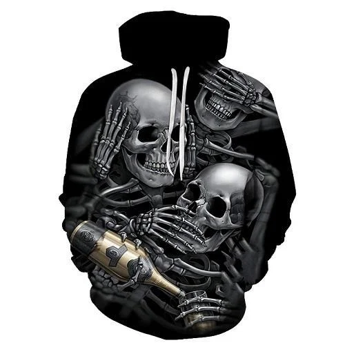 Longline Hoodie with Side Slits for Layered Autumn Outfits -EU Size Unisex Melted 3D Tattoos SkullPrinted Pullover Hoody Sweatshirts