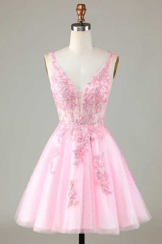 Zippered Dresses for Convenience -Pink Glitter Cute Homecoming Dress with Appliques