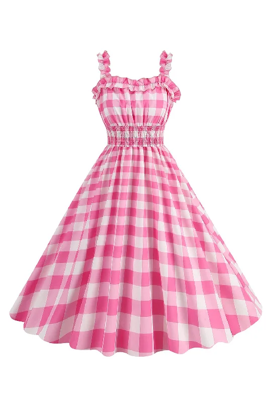 Work Dresses for Professional -Pink Plaid A Line Smocked 1950s Dress